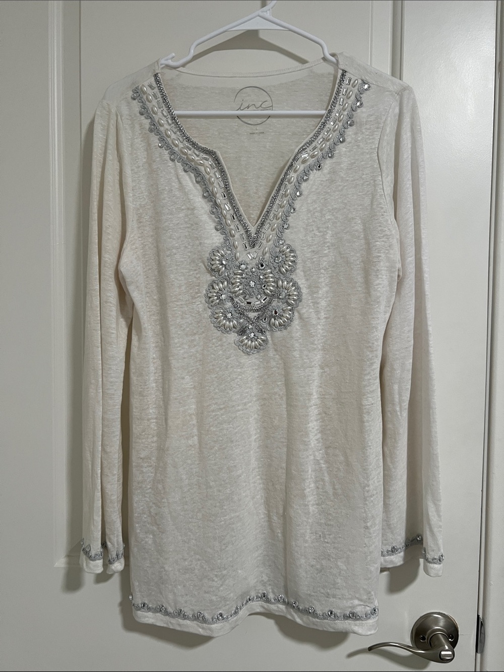 INC International Concepts 100% Linen Cream V-Neck Embellished Tunic Sz L